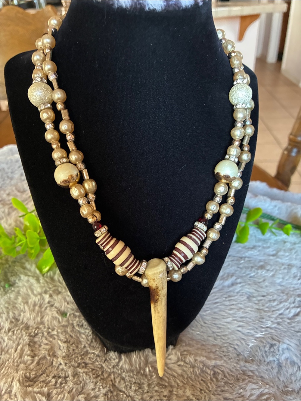 Handcrafted Gold-Tone Beaded Necklace with Horn Pendant